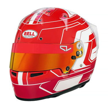 Red and white Charles Leclerc paint job on a Bell KC7 CMR kart racing helmet with iridium red visor on a white background